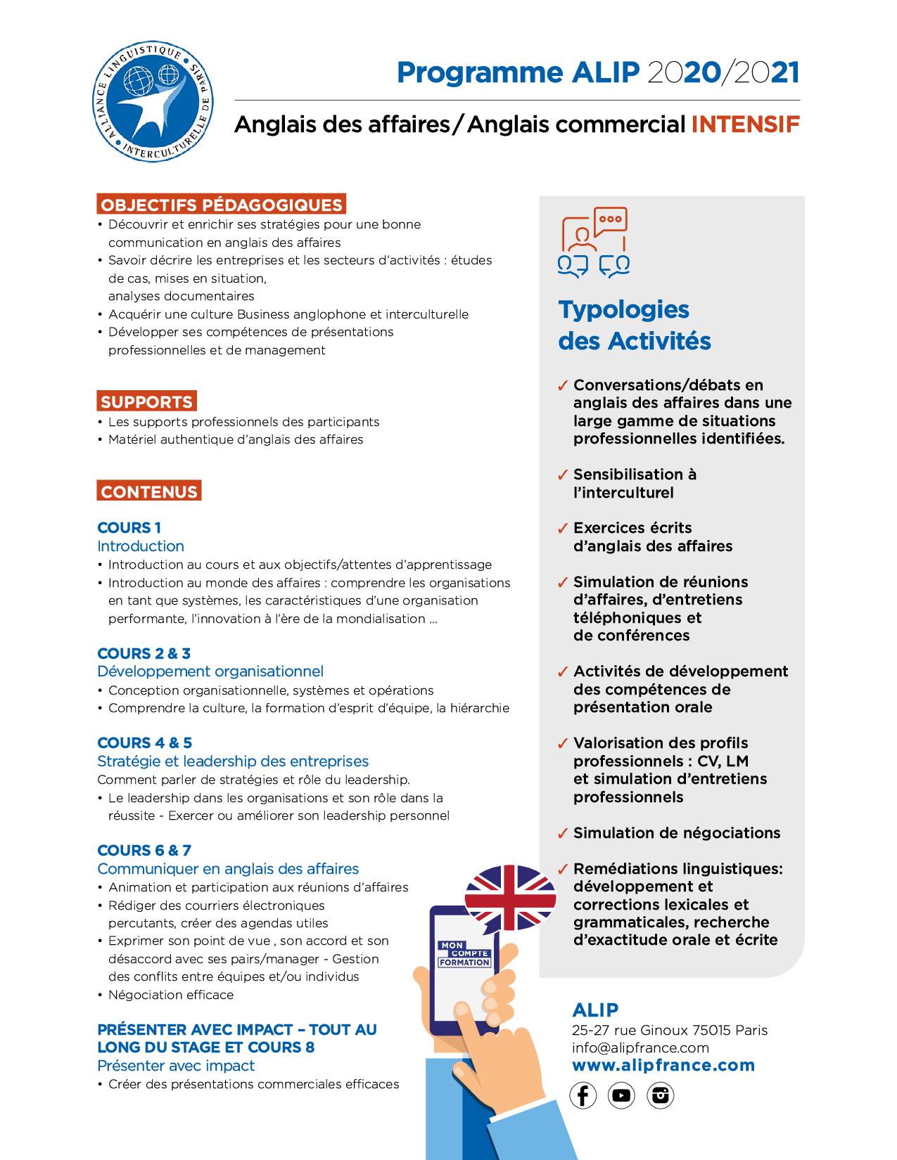 Formations en anglais commercial ALIP école de Langue Française Paris